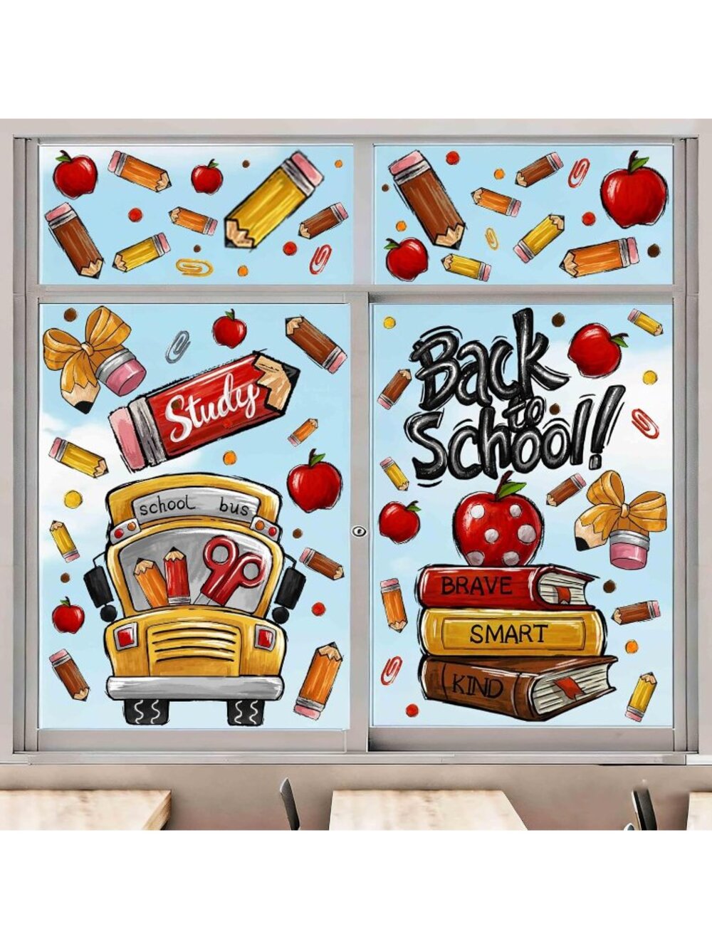 Back to School Window Cling Decor Red School Bus Pencils Apple Window Stickers